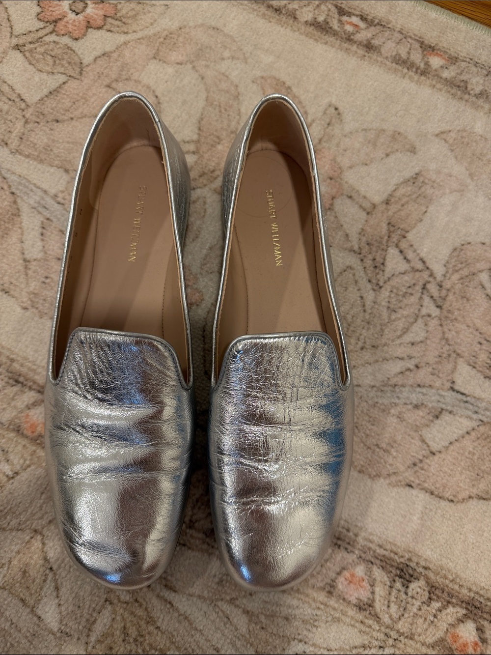 Stuart Weitzman Metallic Silver Leather Loafers